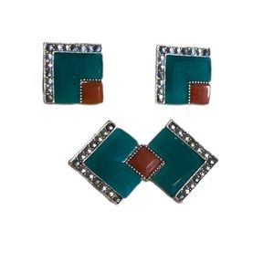 Vintage Art Deco style brooch + earrings in carved steel and green crystal